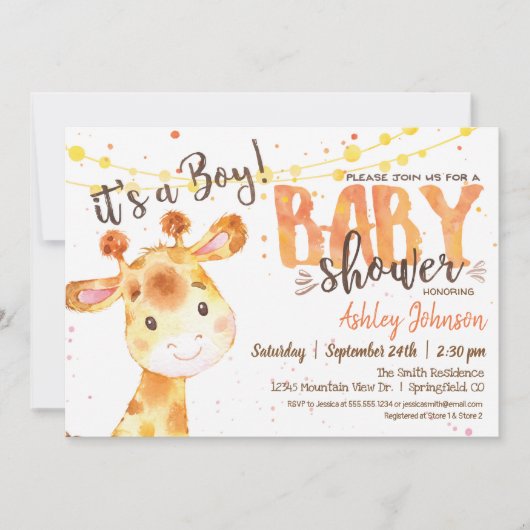 Boy Giraffe Baby shower uitnodiging (Voorkant)