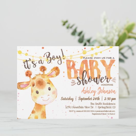 Boy Giraffe Baby shower uitnodiging (Staand voorkant)