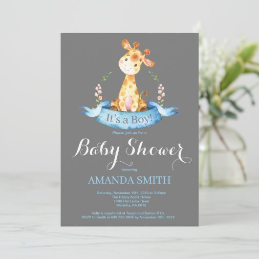 Boy Giraffe Baby shower Uitnodiging Blauw en Grijs (Staand voorkant)