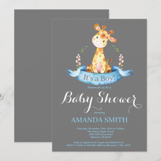 Boy Giraffe Baby shower Uitnodiging Blauw en Grijs (Voorkant / Achterkant)