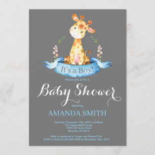 Boy Giraffe Baby shower Uitnodiging Blauw en Grijs