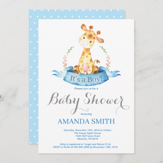 Boy Giraffe Baby shower Uitnodiging Blauw en Grijs (Voorkant / Achterkant)