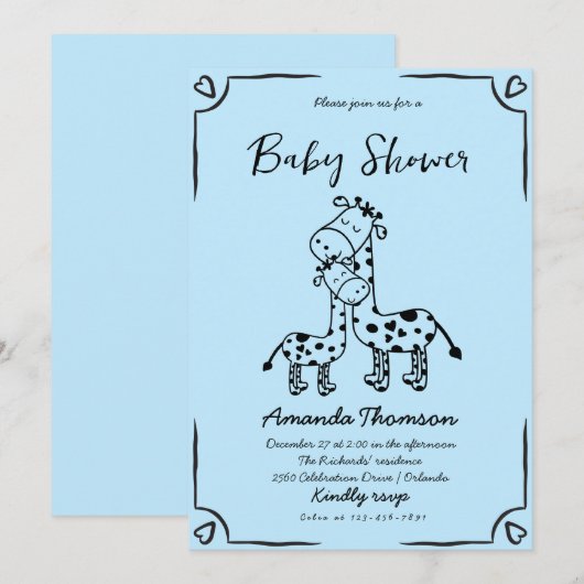 Boy Giraffe Hand getrokken baby shower Kaart (Voorkant / Achterkant)