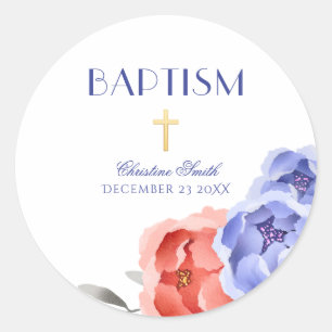 Boy Girl Baptism Christening Floral Peony Wreath Ronde Sticker