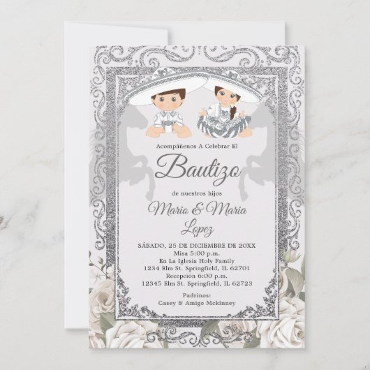 Boy Girl Fiesta Zilveren Charro Mexicaanse Bautizo Kaart (Voorkant)