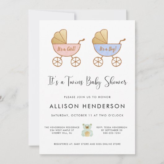 Boy Girl Twins Carriage Waterverf Baby shower Kaart (Voorkant)