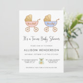 Boy Girl Twins Carriage Waterverf Baby shower Kaart (Staand voorkant)