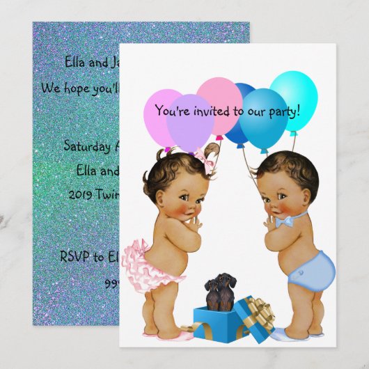 Boy Girl Twins Dachshund Party Invitation Kaart (Voorkant / Achterkant)