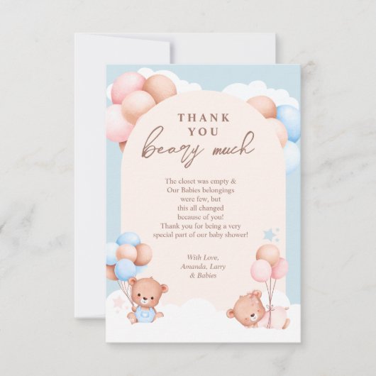 Boy Girl Twins Teddy Bear Baby shower Bedankkaart (Voorkant)