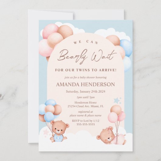 Boy Girl Twins Teddy Bear Baby shower Kaart (Voorkant)