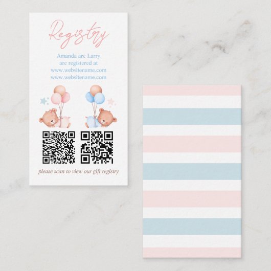 Boy Girl Twins Teddy Bear Baby shower Registry Informatiekaartje (Voorkant / Achterkant)