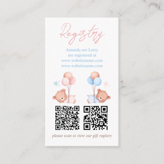 Boy Girl Twins Teddy Bear Baby shower Registry Informatiekaartje (Voorkant)