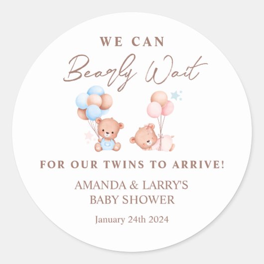 Boy Girl Twins Teddy Bear Baby shower Ronde Sticker (Voorkant)