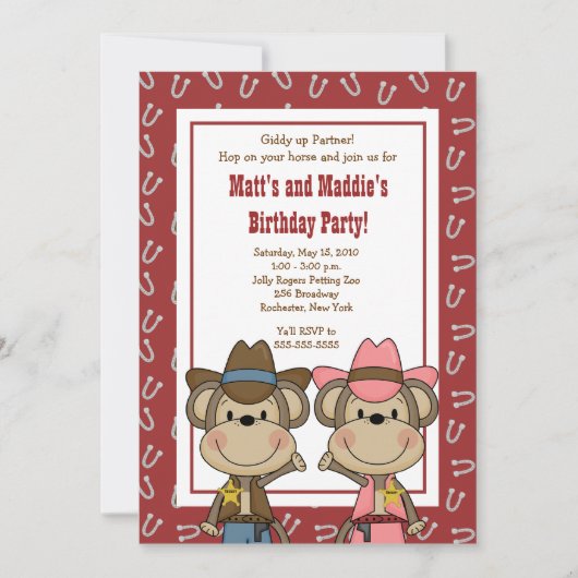 BOY & GIRL Western Cowboy Monkey 5x7 Birthday Kaart (Voorkant)
