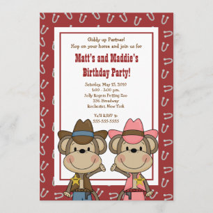BOY & GIRL Western Cowboy Monkey 5x7 Birthday Kaart
