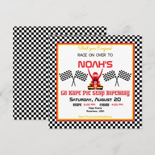 Boy Go Kart Birthday Party & Checkered Racing Flag Kaart (Voorkant / Achterkant)