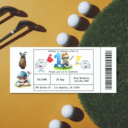 Boy Golf Ticket Style 1st Verjaardag Party Kaart