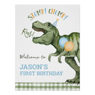 Boy Green Dinosaur 1st Birthday Welcome Sign Perfect Poster