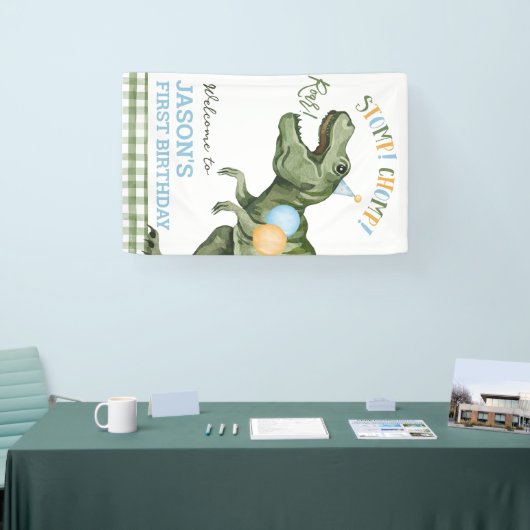Boy Green Dinosaur 1st Birthday Welkom Banner (Beurs)