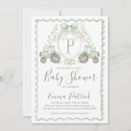 Boy Green Tractor Baby shower Preppy Sage Green Kaart (Voorkant)
