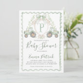 Boy Green Tractor Baby shower Preppy Sage Green Kaart (Staand voorkant)