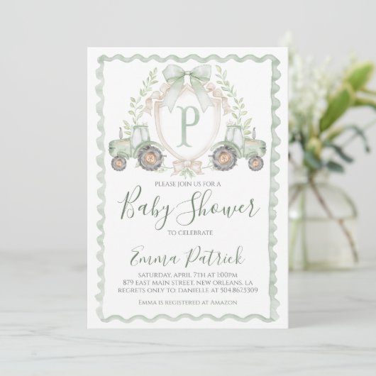 Boy Green Tractor Baby shower Preppy Sage Green Kaart (Staand voorkant)