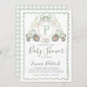 Boy Green Tractor Baby shower Preppy Sage Green Kaart (Voorkant / Achterkant)