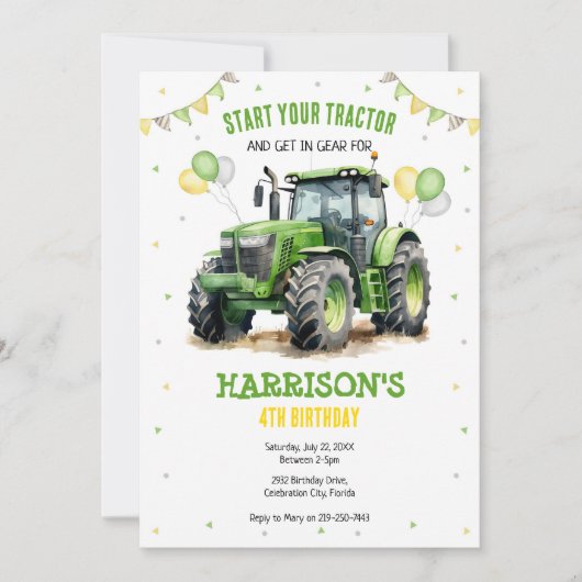 Boy Green Tractor Farm Birthday Party Invitation Kaart (Voorkant)