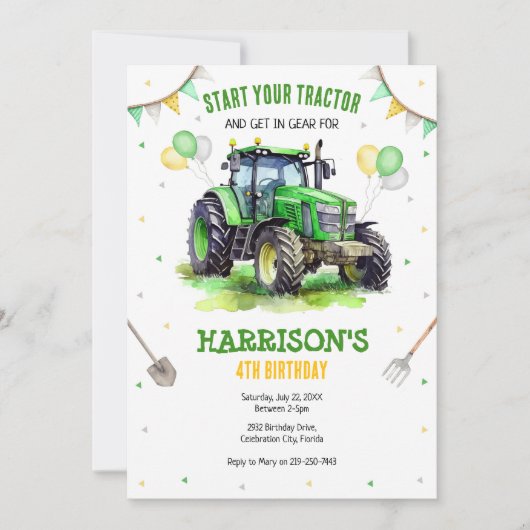 Boy Green Tractor Farm Birthday Party Invitation Kaart (Voorkant)