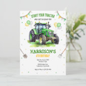 Boy Green Tractor Farm Birthday Party Invitation Kaart (Staand voorkant)