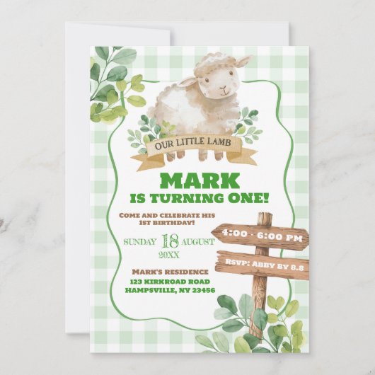 Boy Greenery Lamb Eerste Verjaardag Kaart (Voorkant)