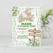 Boy Greenery Lamb Eerste Verjaardag Kaart (Staand voorkant)