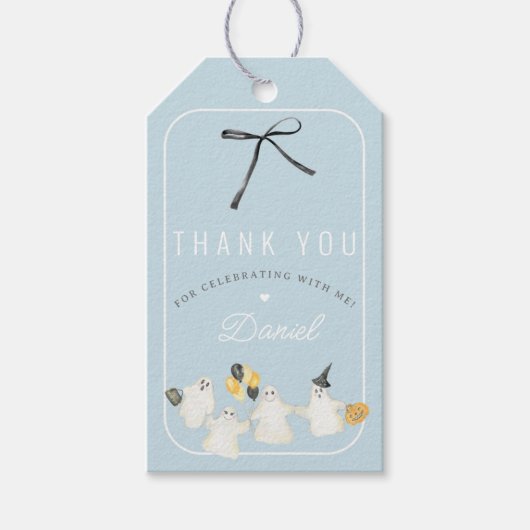 Boy Halloween Ghost en Black Bow Verjaardagsfeest Cadeaulabel (Voorkant)