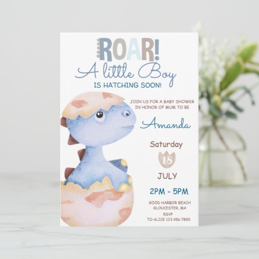 Boy Hatching Soon Dinosaur Baby shower Kaart (Staand voorkant)