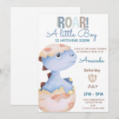 Boy Hatching Soon Dinosaur Baby shower Kaart (Voorkant / Achterkant)
