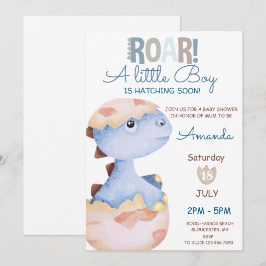 Boy Hatching Soon Dinosaur Baby shower Kaart (Voorkant / Achterkant)