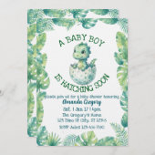 Boy Hatching Soon, Green Dino Baby Shower Kaart (Voorkant / Achterkant)