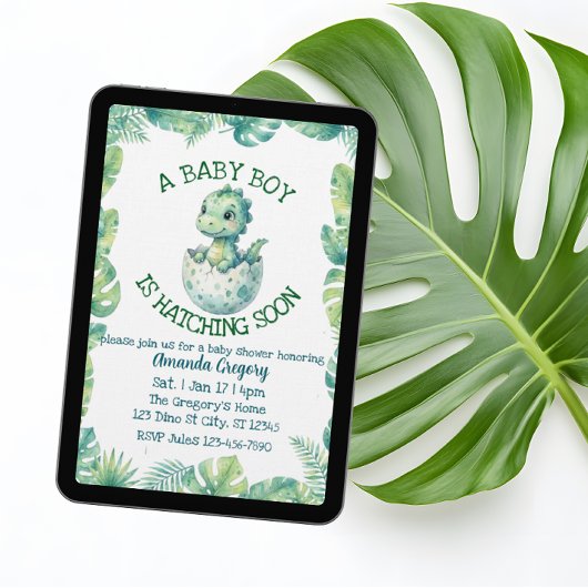Boy Hatching Soon, Green Dino Baby Shower Kaart
