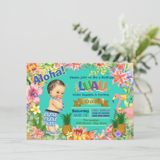 Boy Hawaiian Luau Verjaardagsfeest Kaart (Staand voorkant)