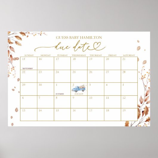 Boy Herfst Baby shower vervaldatum kalender Poster (Voorkant)