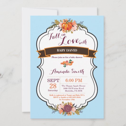 Boy Herfst in Love Pumpkin Baby shower Invitation Kaart (Voorkant)