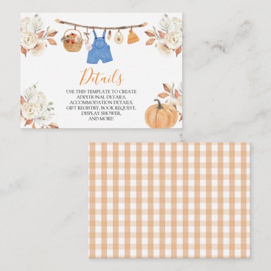 Boy Herfst Kleding Pompoen Herfst Baby shower Deta Informatiekaartje (Voorkant / Achterkant)