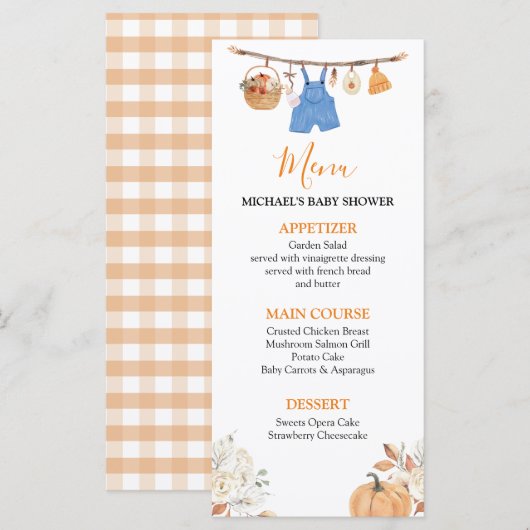 Boy Herfst Kleding Pompoen Herfst Baby shower Menu (Voorkant / Achterkant)