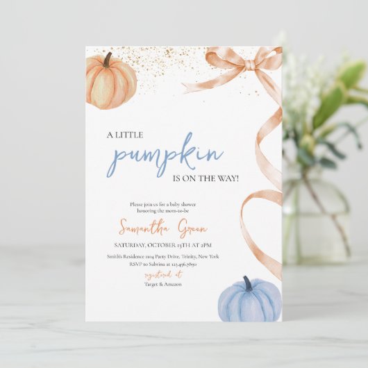 Boy Herfst Rustic Bow Pumpkin Baby shower Kaart (Staand voorkant)