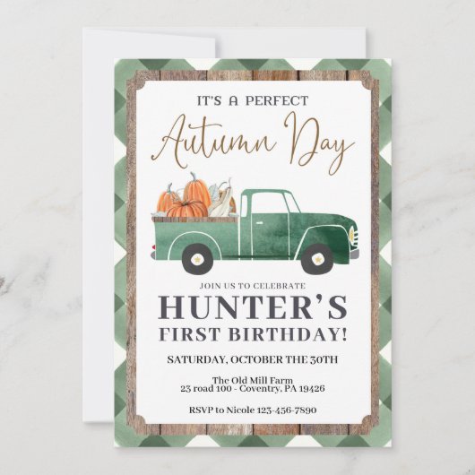 Boy Herfst Verjaardagsuitnodiging, HERFST Eerste V Aankondiging (Voorkant)