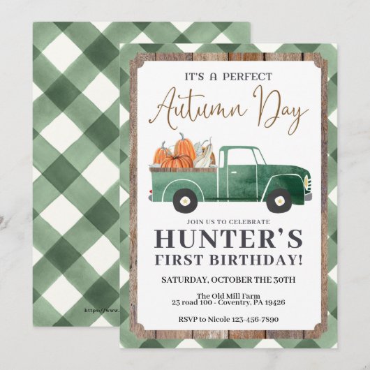 Boy Herfst Verjaardagsuitnodiging, HERFST Eerste V Aankondiging (Voorkant / Achterkant)