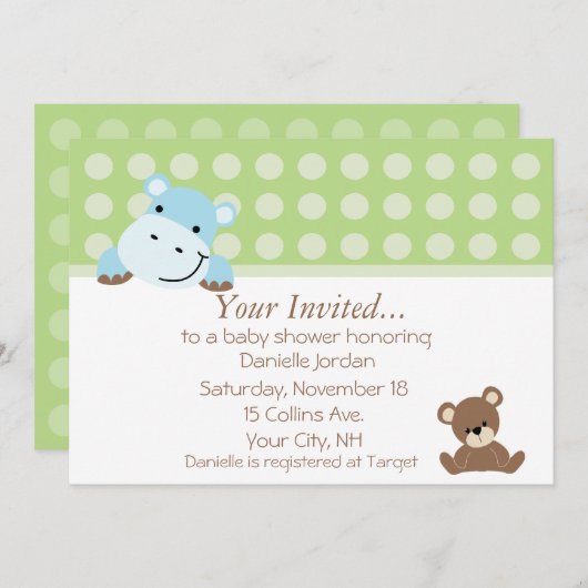Boy Hippo Baby shower Invitation Kaart (Voorkant / Achterkant)