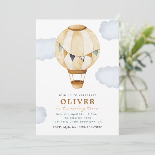 Boy Hot Air ballon Birthday Invitation Kaart (Staand voorkant)