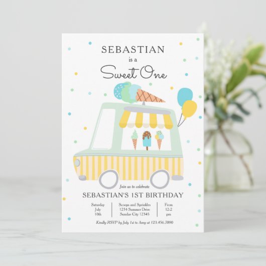 Boy Ice Cream Truck Sweet Een 1e Verjaardagsfeest Kaart (Staand voorkant)