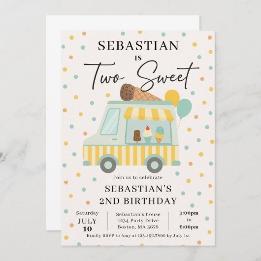 Boy Ice Cream Truck Uitnodiging voor 2e verjaardag (Voorkant / Achterkant)